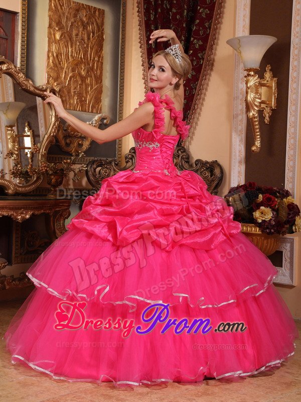 Ruched and Beaded One Shoulder Quinceanera Dresses in Hot Pink