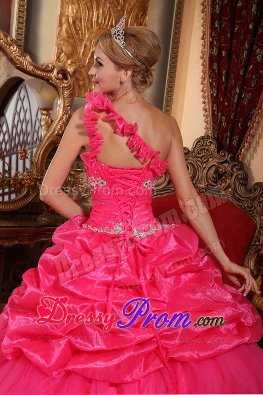 Ruched and Beaded One Shoulder Quinceanera Dresses in Hot Pink