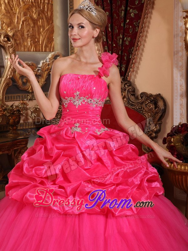 Ruched and Beaded One Shoulder Quinceanera Dresses in Hot Pink