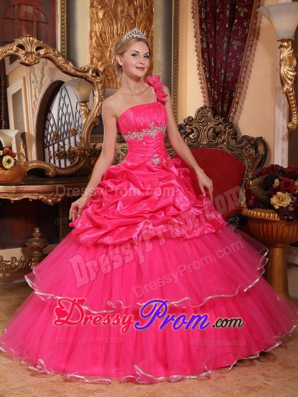 Ruched and Beaded One Shoulder Quinceanera Dresses in Hot Pink