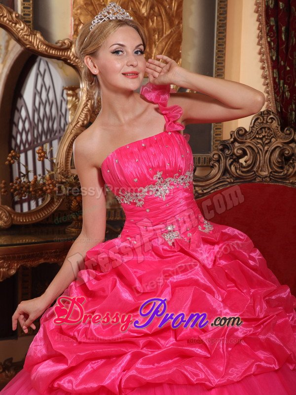 Ruched and Beaded One Shoulder Quinceanera Dresses in Hot Pink