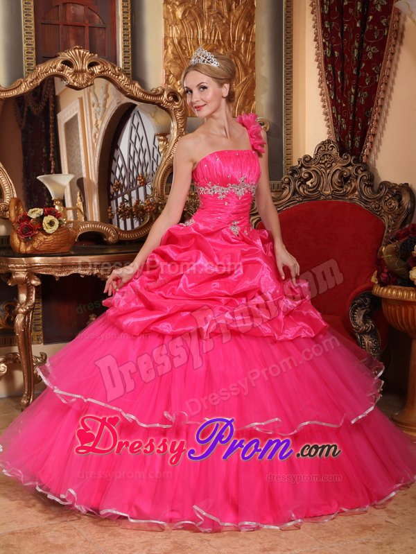 Ruched and Beaded One Shoulder Quinceanera Dresses in Hot Pink