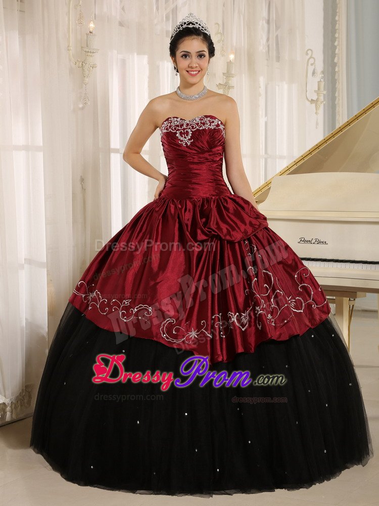 Embroidered and Ruched Quinceanera Gowns in Black and Wine Red