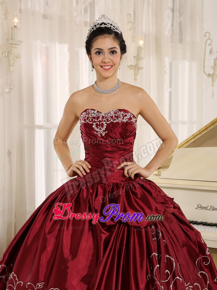 Embroidered and Ruched Quinceanera Gowns in Black and Wine Red