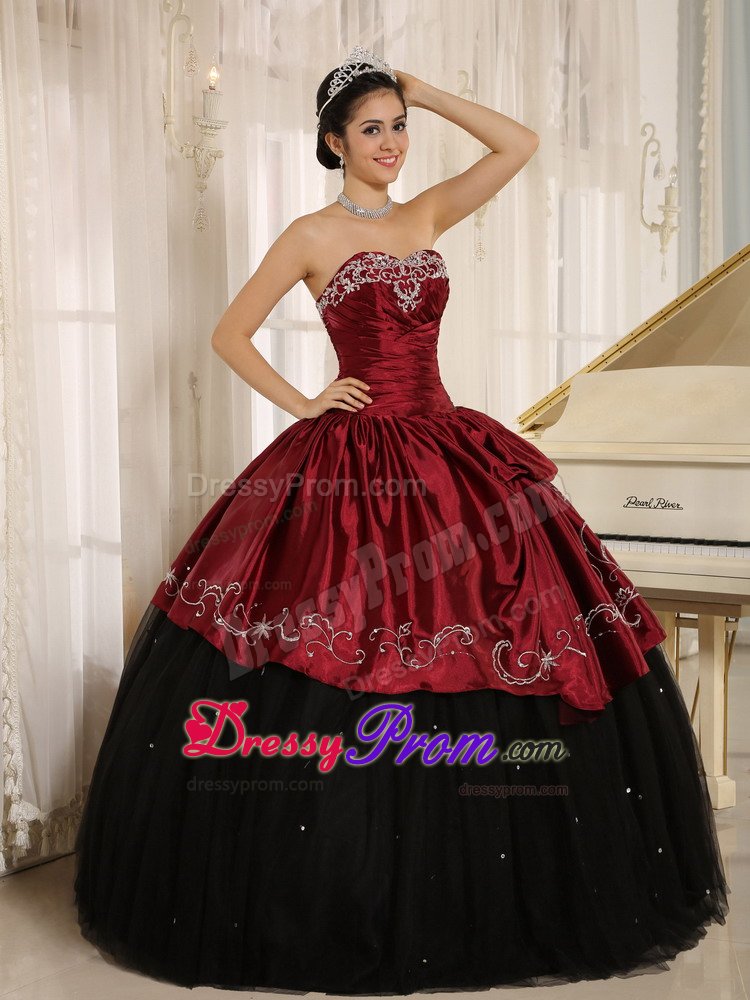 Embroidered and Ruched Quinceanera Gowns in Black and Wine Red