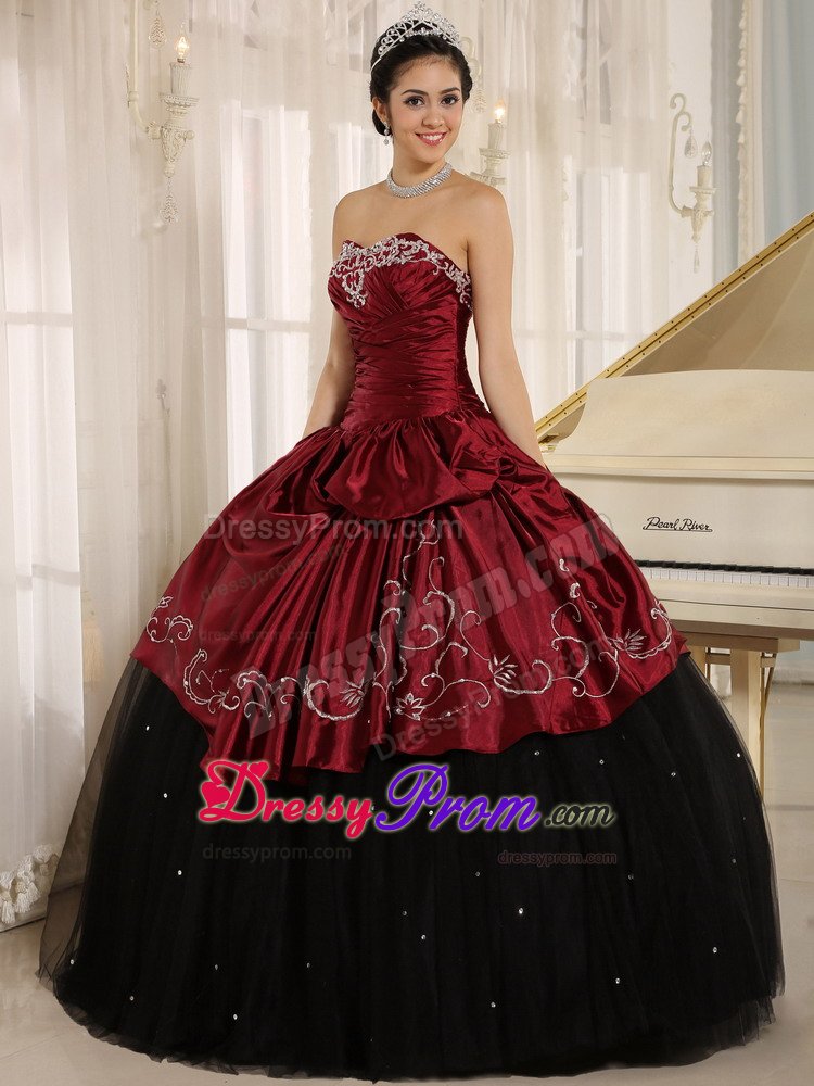 Embroidered and Ruched Quinceanera Gowns in Black and Wine Red