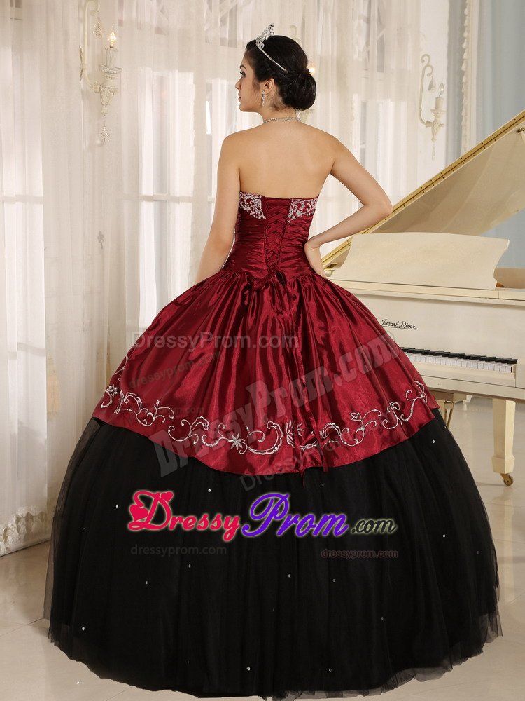 Embroidered and Ruched Quinceanera Gowns in Black and Wine Red