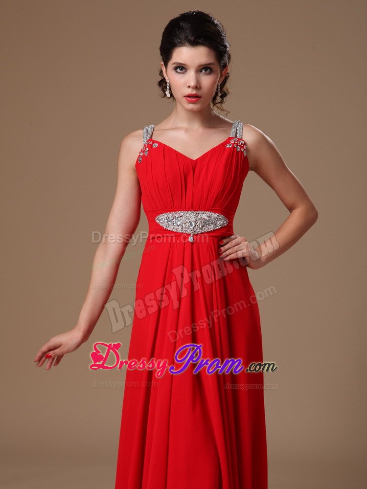 2014 New Style Red Beaded Straps Chiffon Evening Prom Dresses