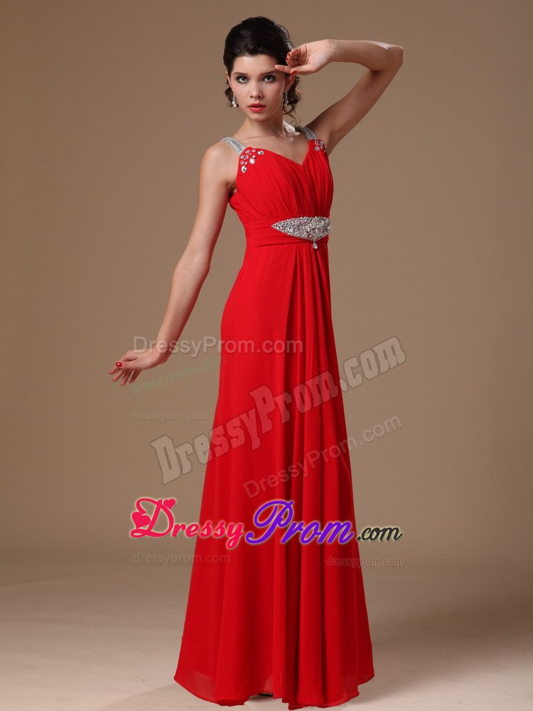 2014 New Style Red Beaded Straps Chiffon Evening Prom Dresses