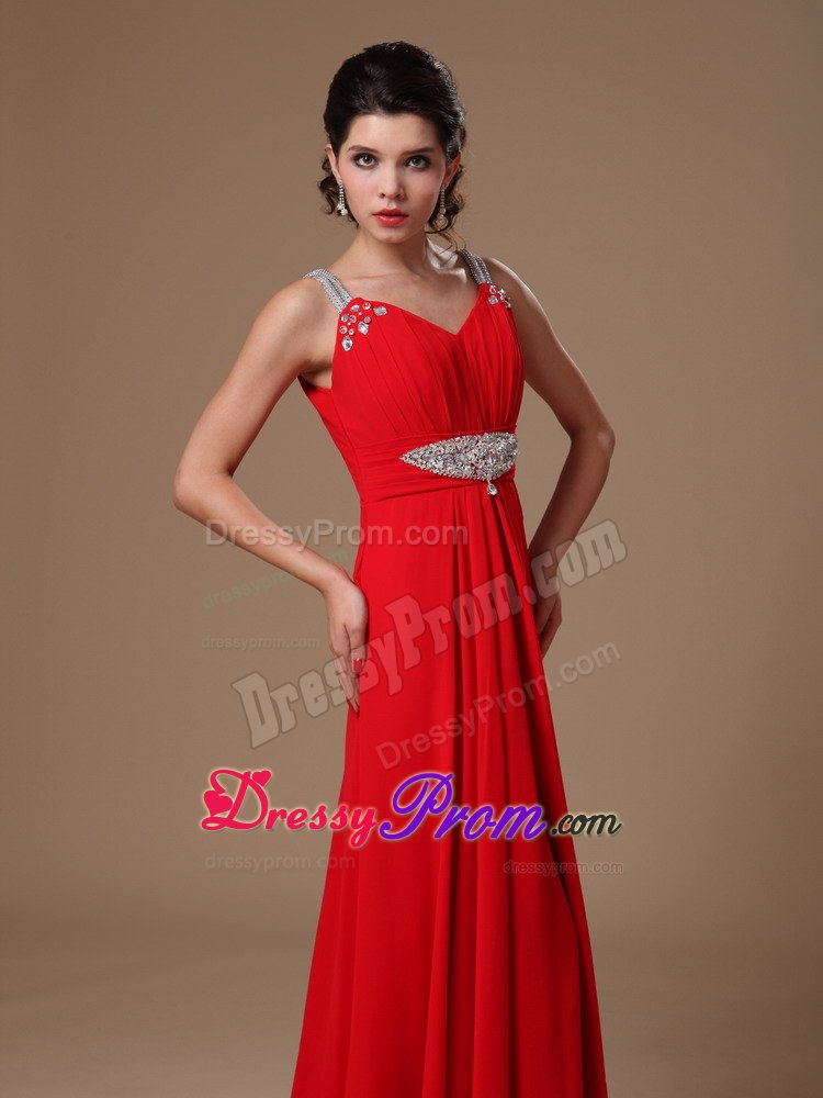 2014 New Style Red Beaded Straps Chiffon Evening Prom Dresses