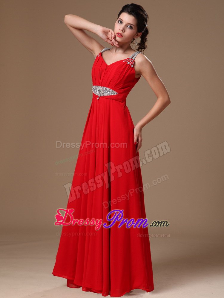 2014 New Style Red Beaded Straps Chiffon Evening Prom Dresses