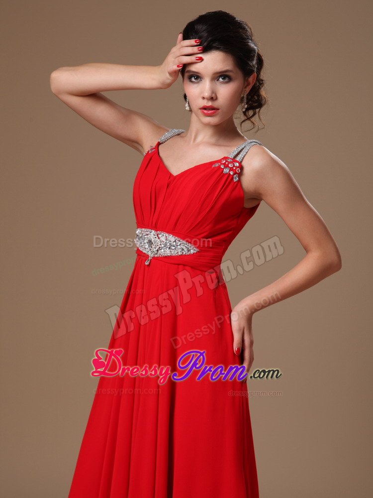 2014 New Style Red Beaded Straps Chiffon Evening Prom Dresses