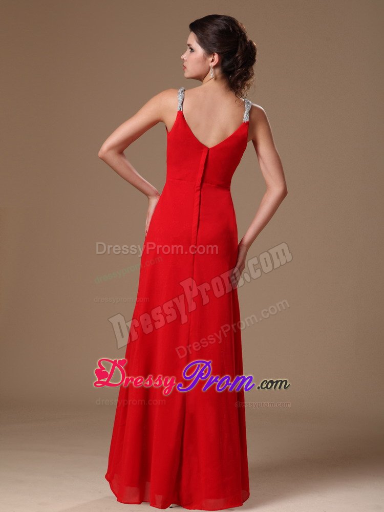 2014 New Style Red Beaded Straps Chiffon Evening Prom Dresses