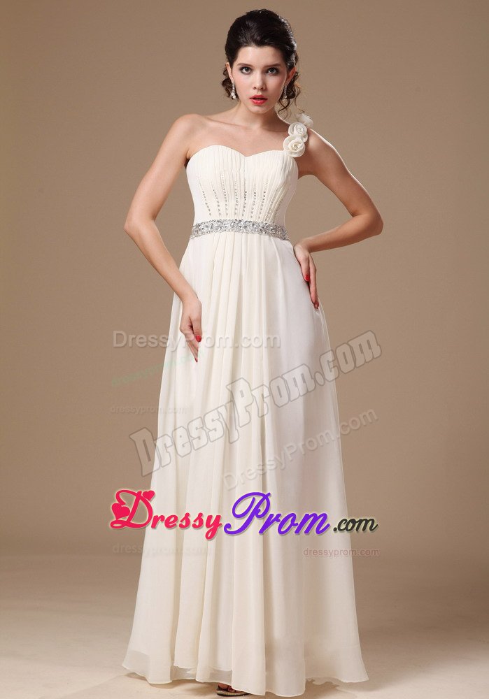 Beaded One Shoulder White Prom Holiday Dresses with Hand Flowers