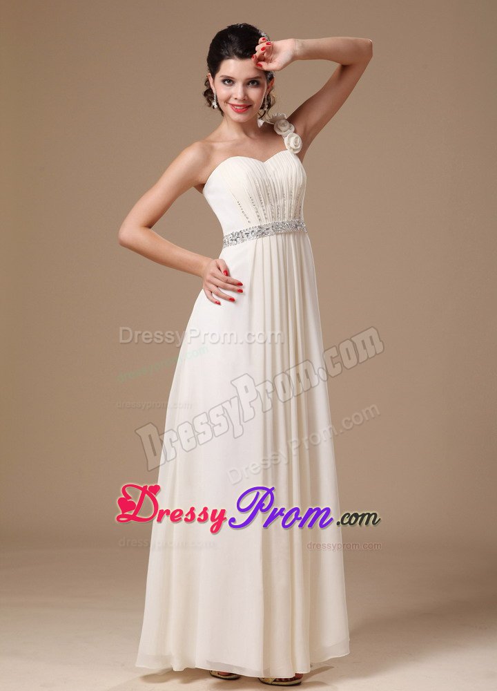 Beaded One Shoulder White Prom Holiday Dresses with Hand Flowers