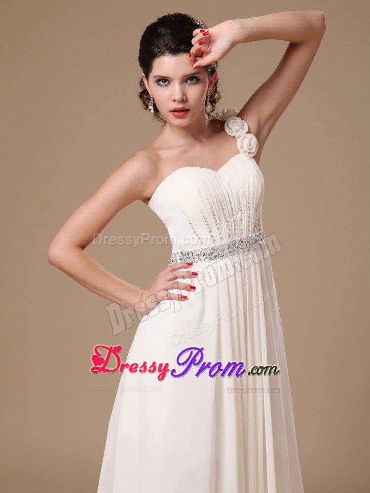 Beaded One Shoulder White Prom Holiday Dresses with Hand Flowers