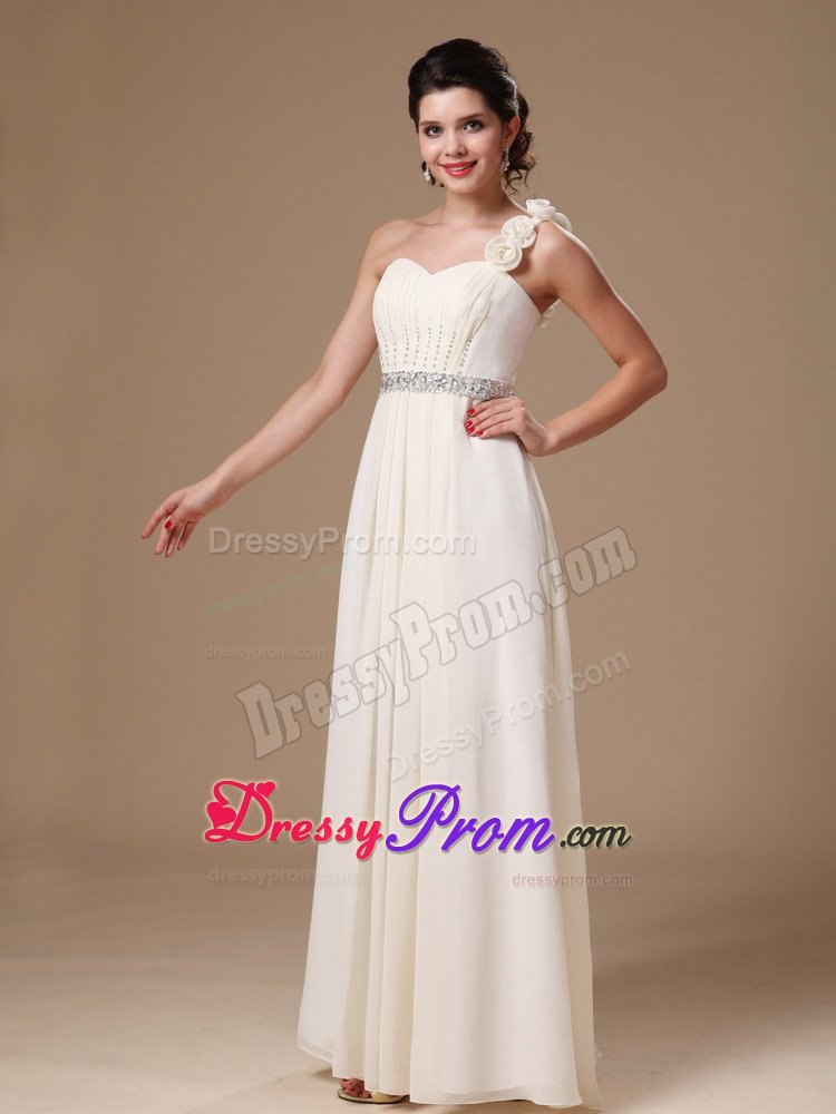 Beaded One Shoulder White Prom Holiday Dresses with Hand Flowers