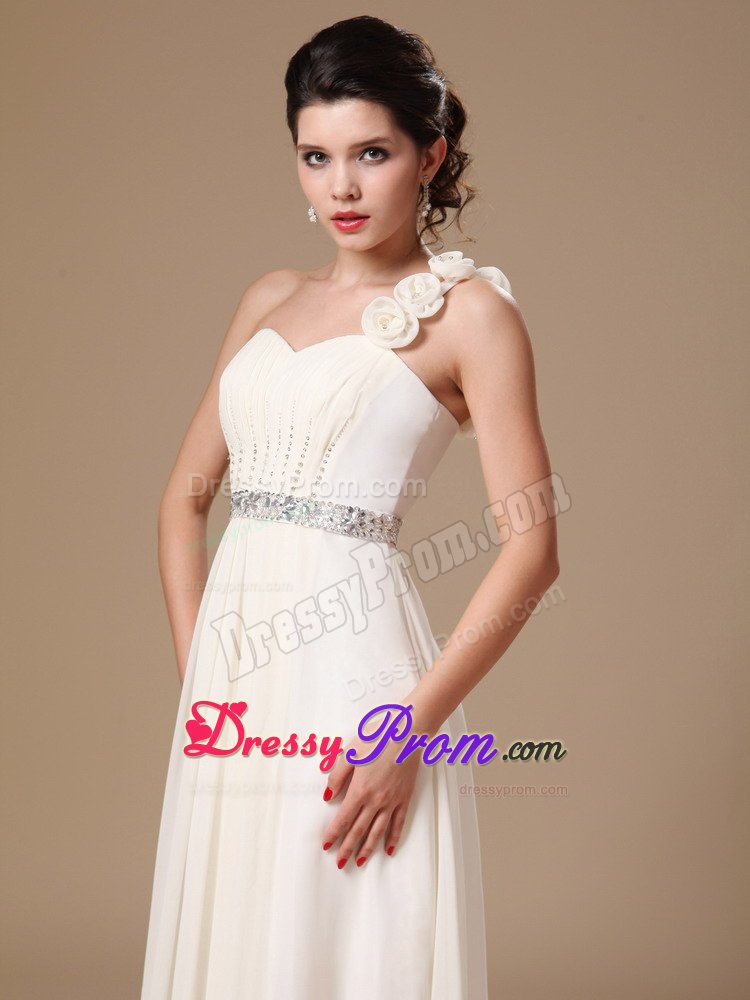 Beaded One Shoulder White Prom Holiday Dresses with Hand Flowers