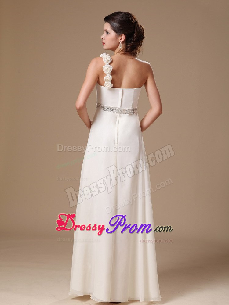 Beaded One Shoulder White Prom Holiday Dresses with Hand Flowers