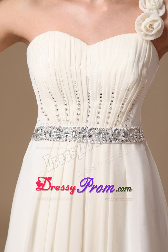 Beaded One Shoulder White Prom Holiday Dresses with Hand Flowers