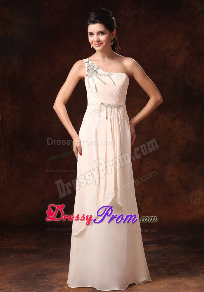Champagne One Shoulder Beaded Ruche Chiffon Prom Graduation Dress