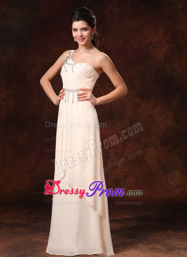 Champagne One Shoulder Beaded Ruche Chiffon Prom Graduation Dress