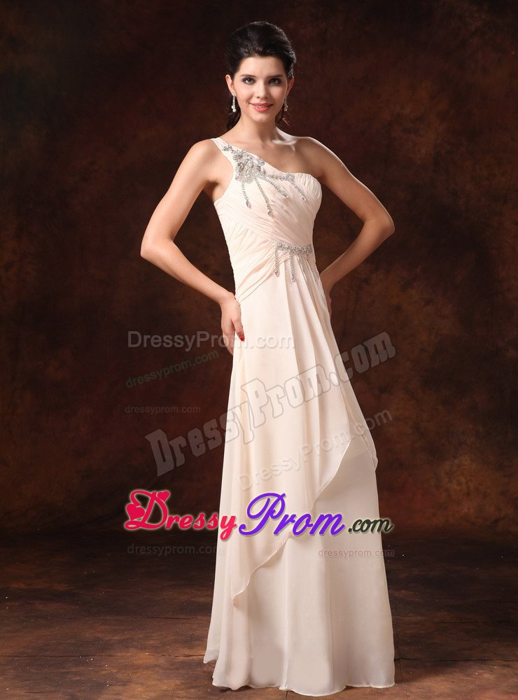 Champagne One Shoulder Beaded Ruche Chiffon Prom Graduation Dress