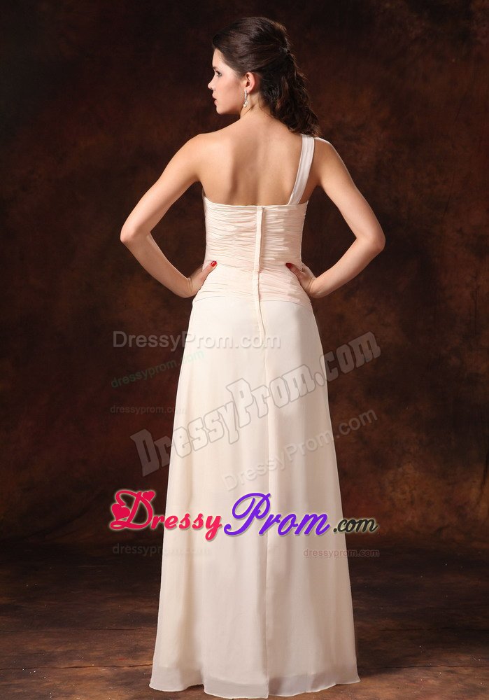 Champagne One Shoulder Beaded Ruche Chiffon Prom Graduation Dress