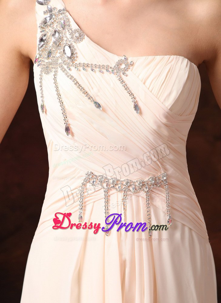 Champagne One Shoulder Beaded Ruche Chiffon Prom Graduation Dress