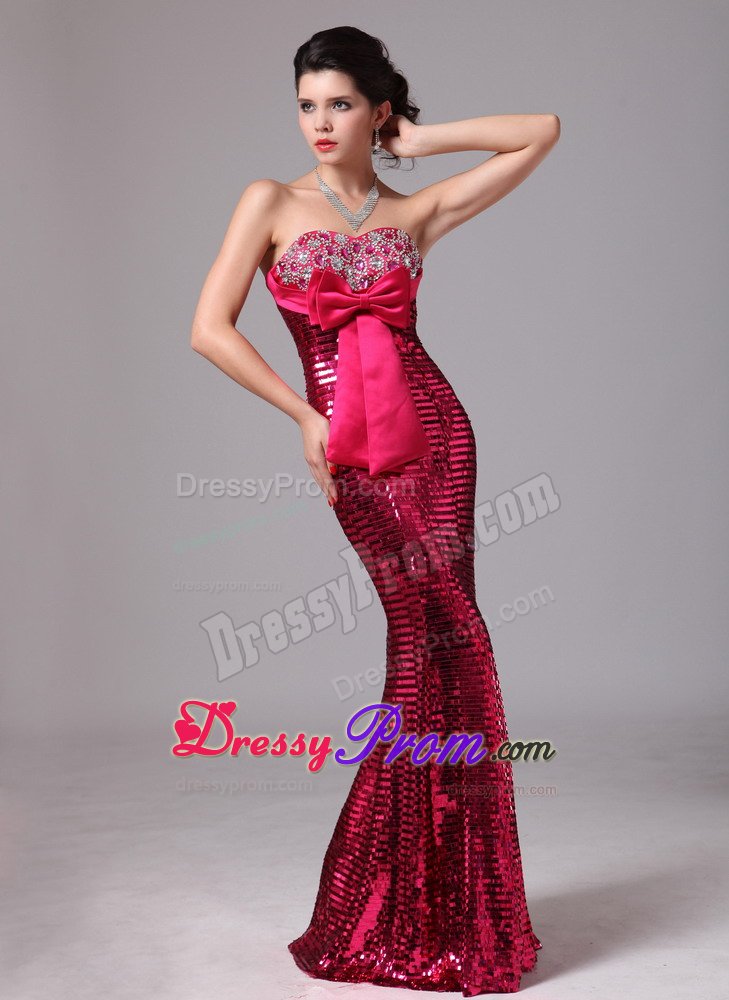 Paillette Mermaid Hot Pink Celebrity Prom Dresses with Bowknot