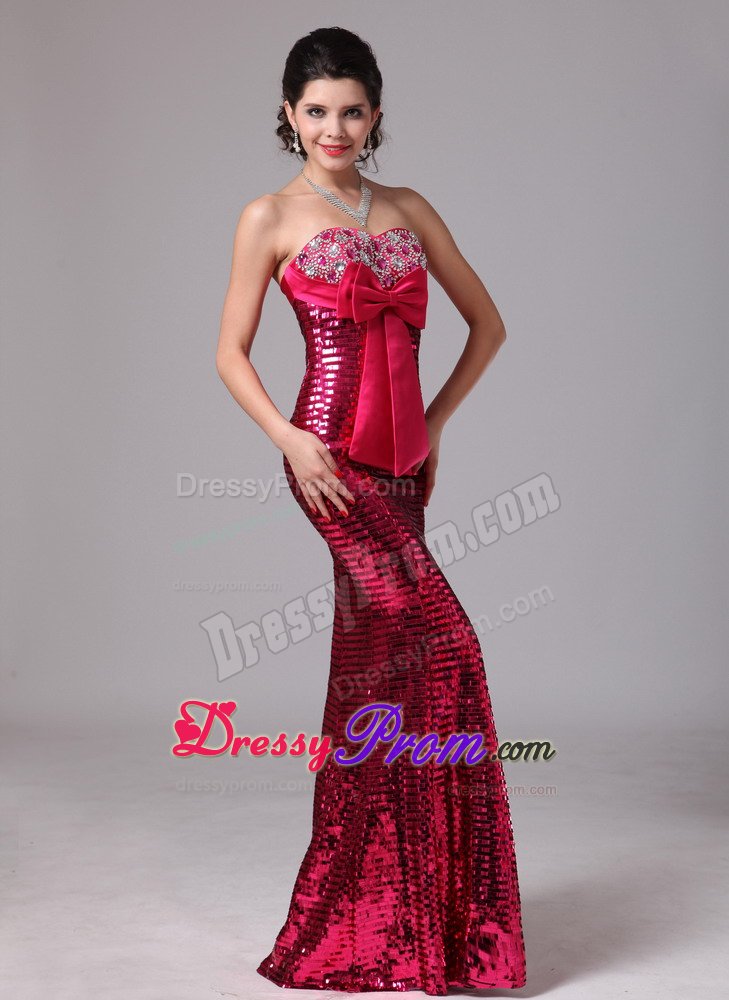 Paillette Mermaid Hot Pink Celebrity Prom Dresses with Bowknot