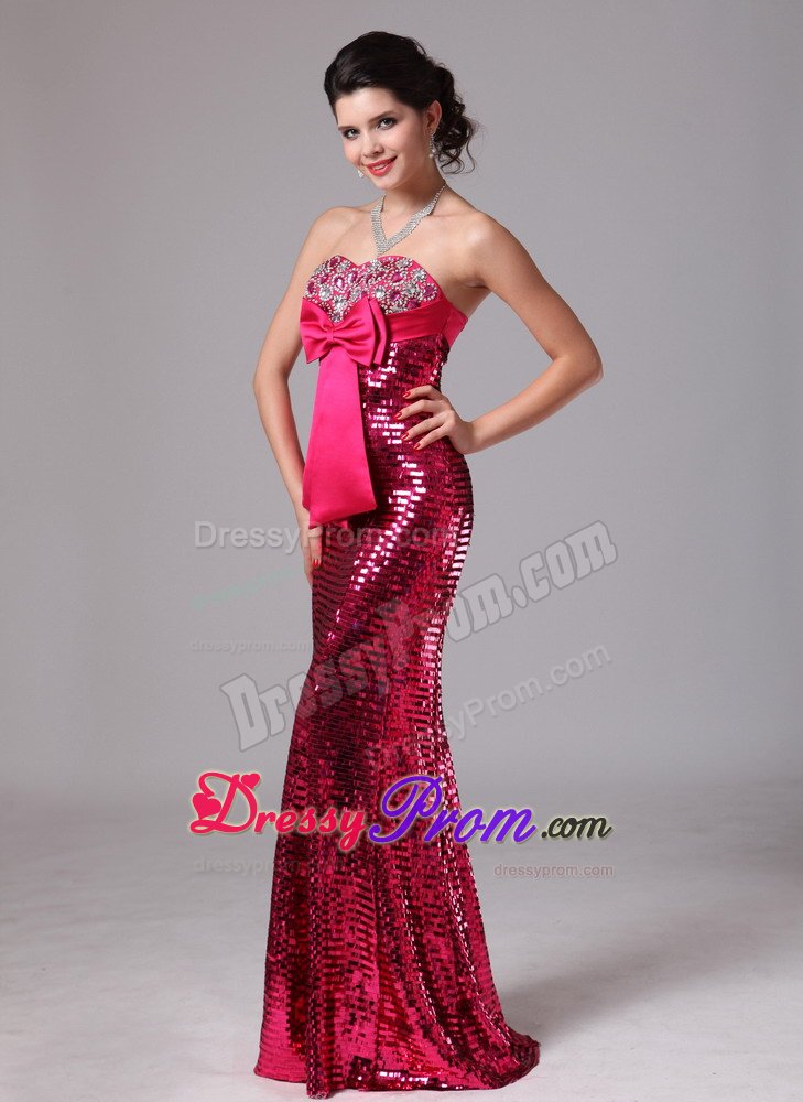 Paillette Mermaid Hot Pink Celebrity Prom Dresses with Bowknot