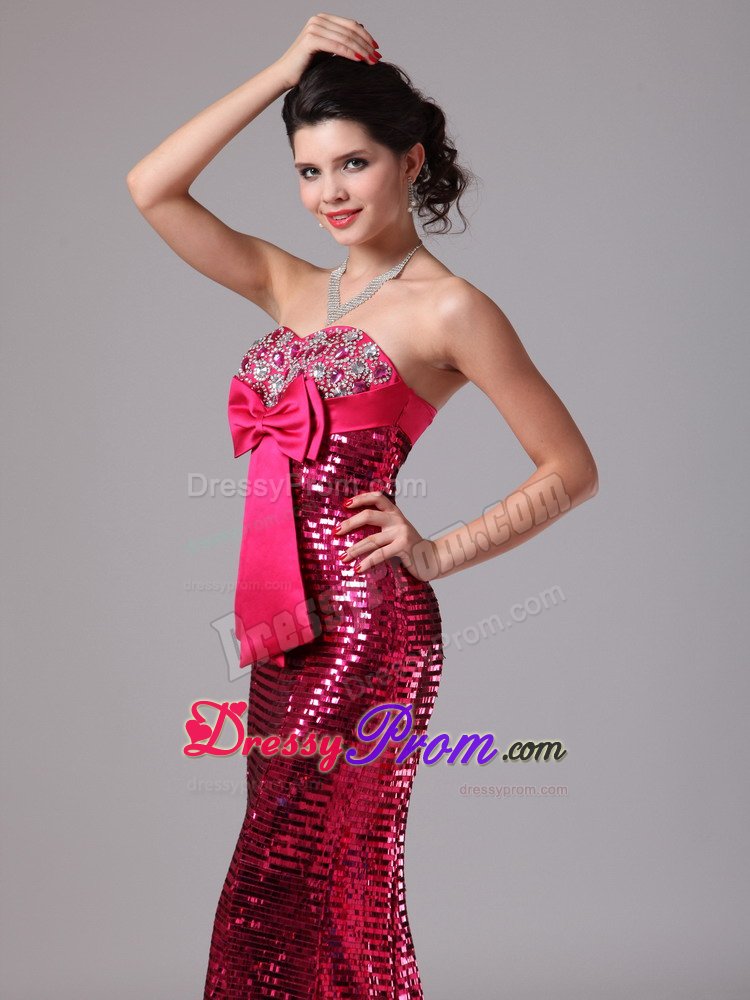 Paillette Mermaid Hot Pink Celebrity Prom Dresses with Bowknot