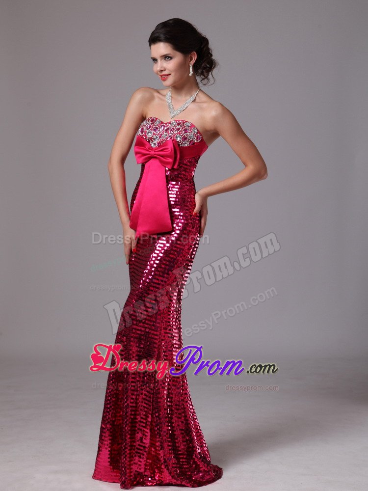 Paillette Mermaid Hot Pink Celebrity Prom Dresses with Bowknot