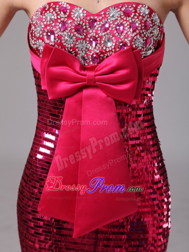 Paillette Mermaid Hot Pink Celebrity Prom Dresses with Bowknot