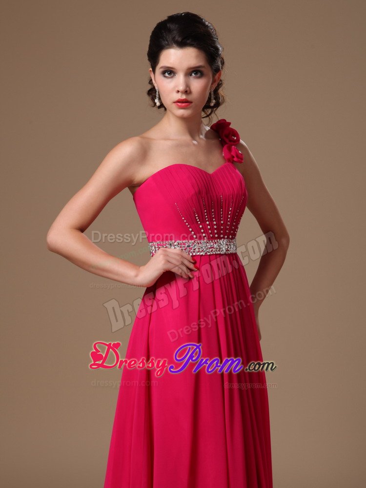 Coral Red One Shoulder Beaded Flowers Formal Evening Prom Dress