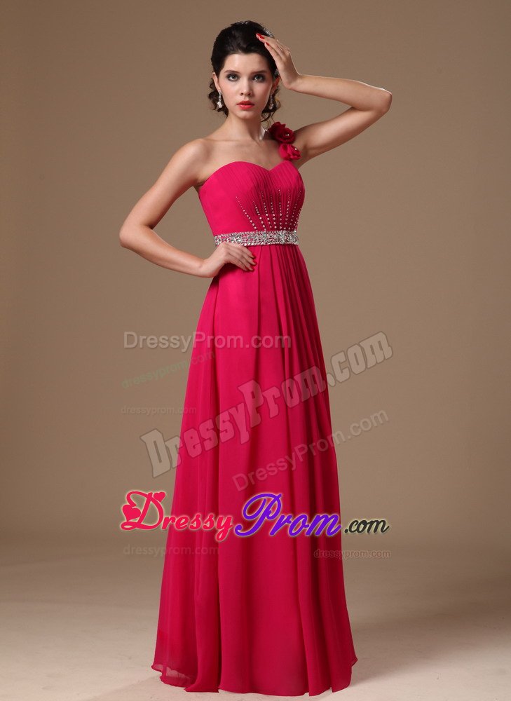 Coral Red One Shoulder Beaded Flowers Formal Evening Prom Dress