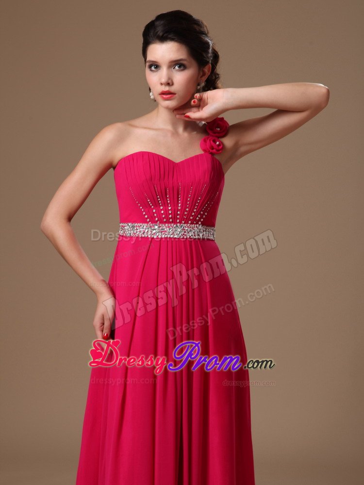 Coral Red One Shoulder Beaded Flowers Formal Evening Prom Dress