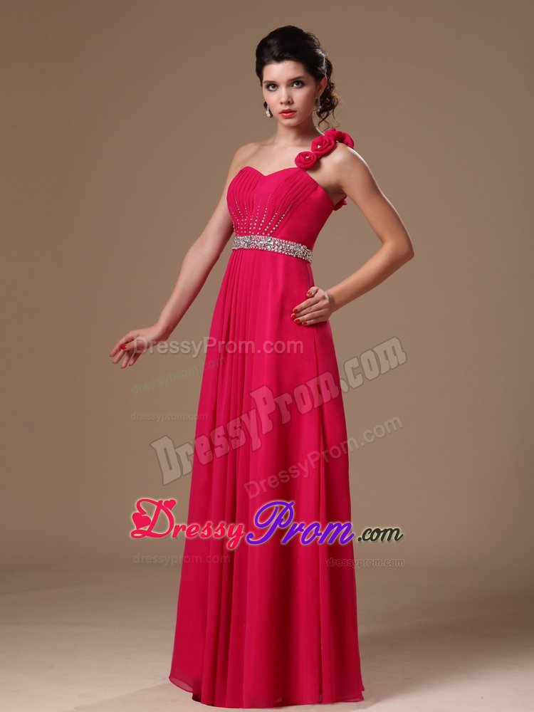 Coral Red One Shoulder Beaded Flowers Formal Evening Prom Dress