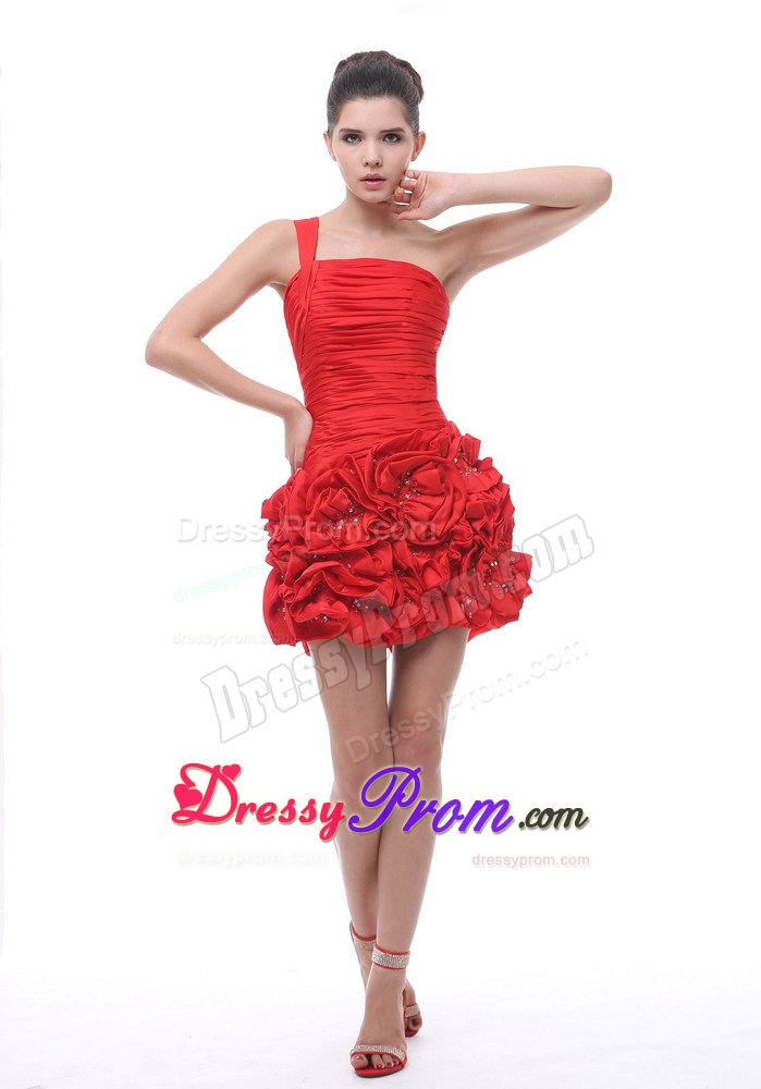One Shoulder Hand Made Flowers Ruched Red Prom Cocktail Dresses