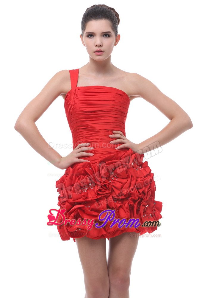 One Shoulder Hand Made Flowers Ruched Red Prom Cocktail Dresses