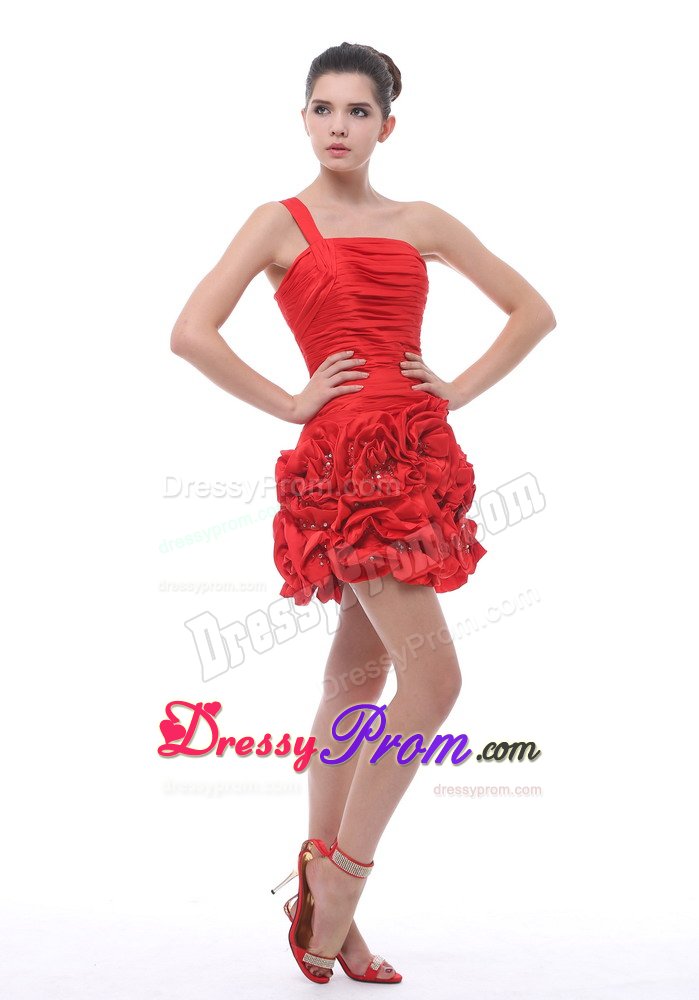 One Shoulder Hand Made Flowers Ruched Red Prom Cocktail Dresses