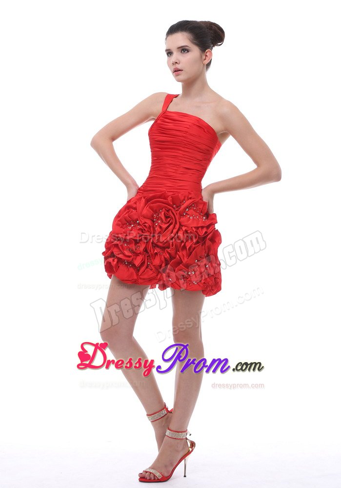 One Shoulder Hand Made Flowers Ruched Red Prom Cocktail Dresses
