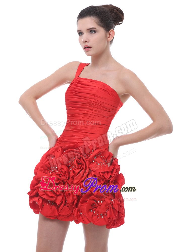 One Shoulder Hand Made Flowers Ruched Red Prom Cocktail Dresses