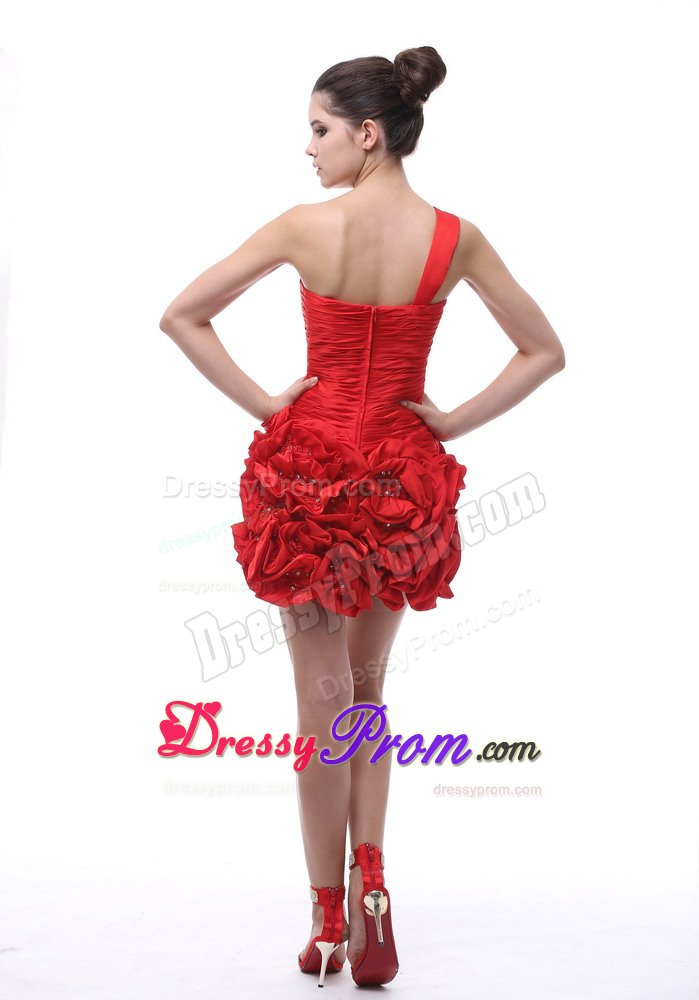 One Shoulder Hand Made Flowers Ruched Red Prom Cocktail Dresses