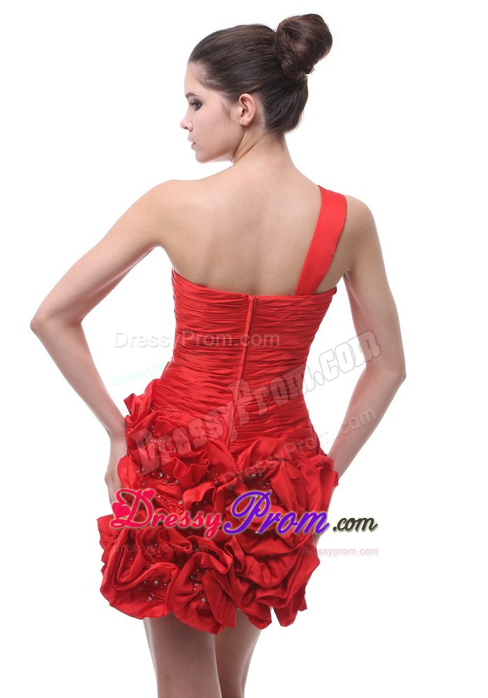 One Shoulder Hand Made Flowers Ruched Red Prom Cocktail Dresses