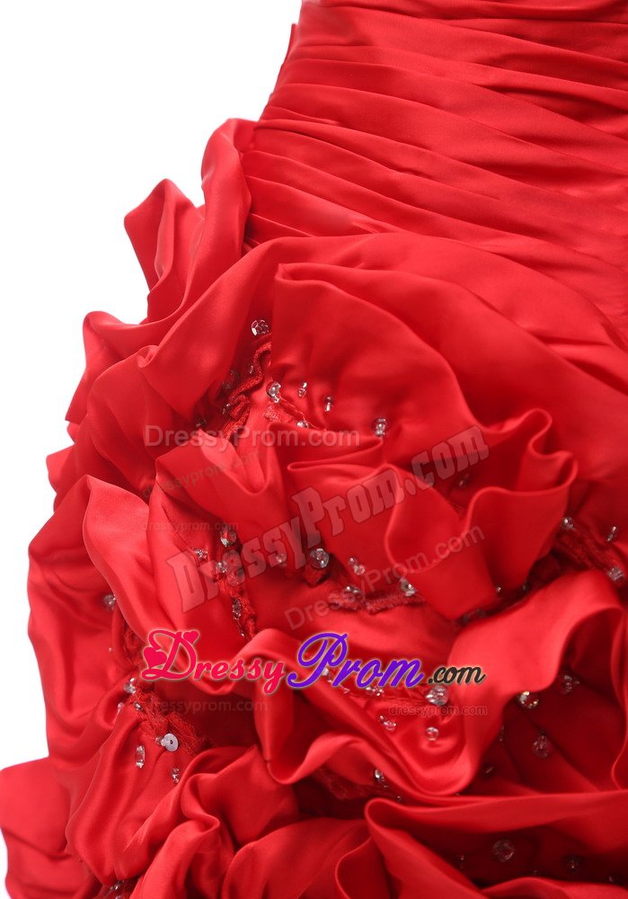 One Shoulder Hand Made Flowers Ruched Red Prom Cocktail Dresses