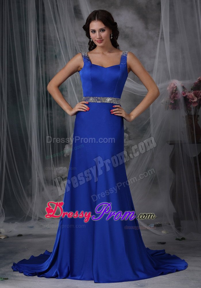 Beading Royal Blue Court Train Celebrity Prom Dress with Straps