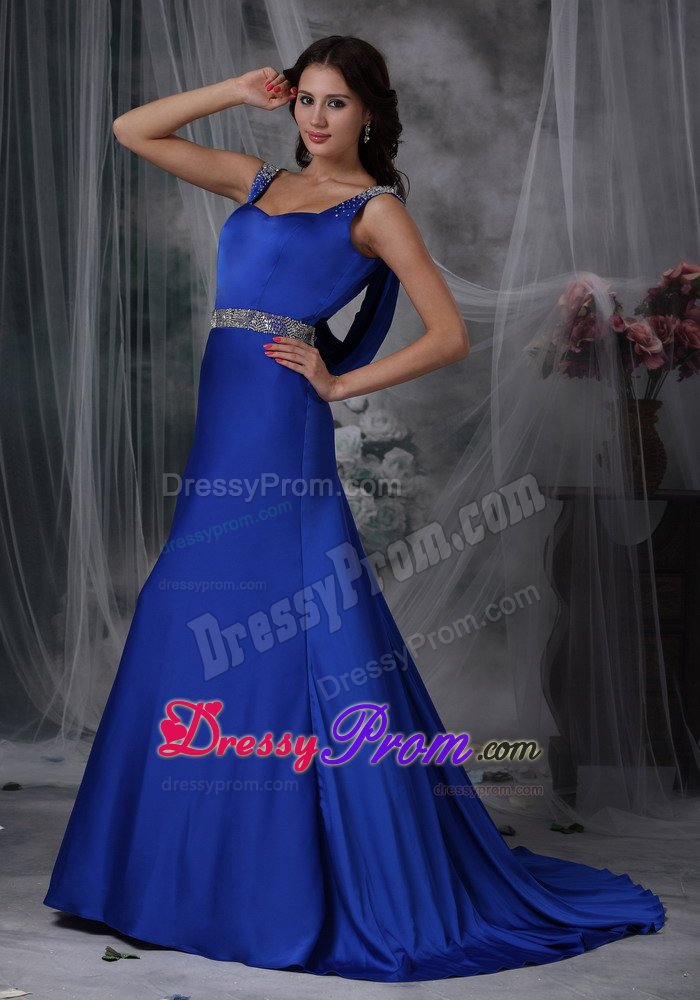 Beading Royal Blue Court Train Celebrity Prom Dress with Straps