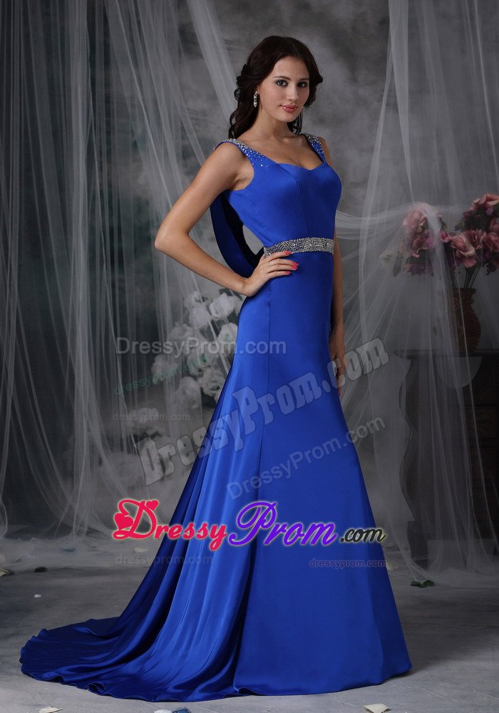 Beading Royal Blue Court Train Celebrity Prom Dress with Straps